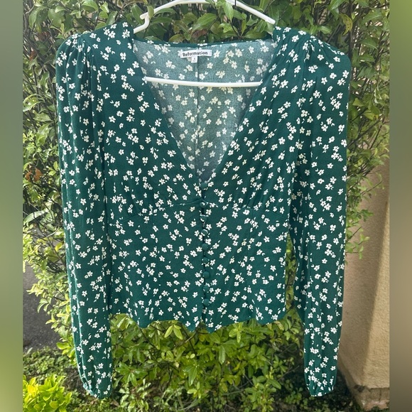 Reformation Green With Cream Flowers “Nell” Top Size Small - Picture 6 of 12